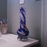 blue and white bong in the bathroom